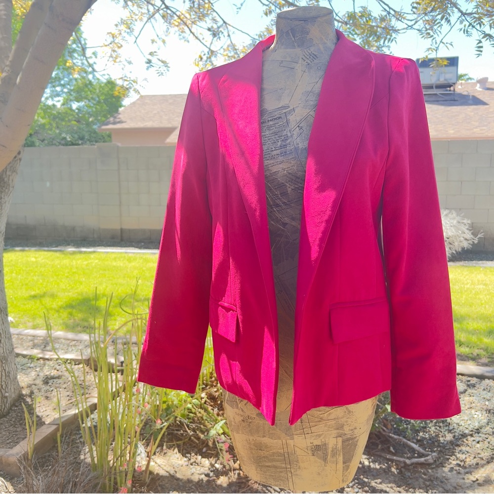 Magenta Hot Pink Faux Suede Blazer Open Front Long Sleeve Size 10